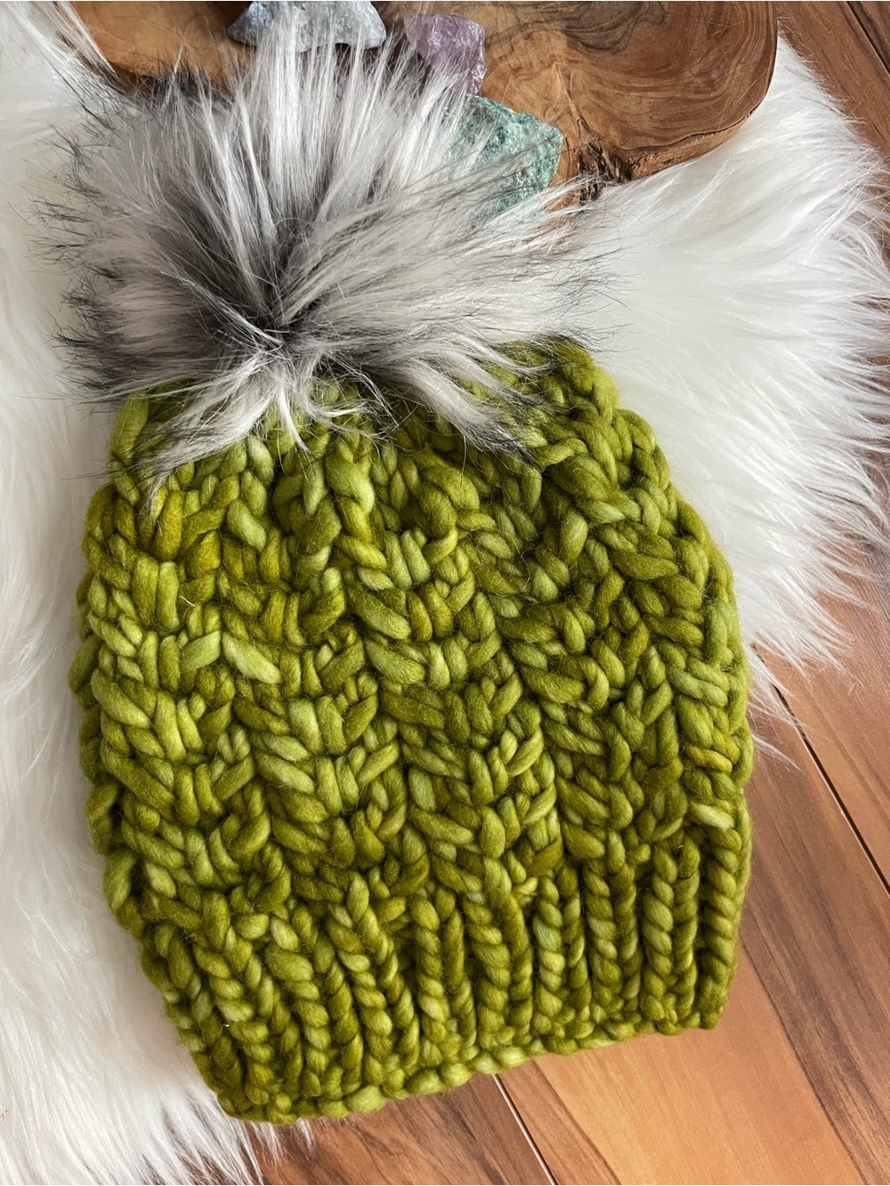 Hand knitted luxury wool Green Chunky Knit Pom Beanie women’s S super soft